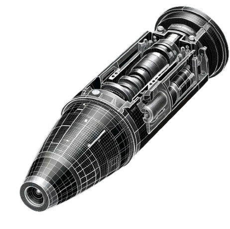 Concept design of the final GYROJET-AI product showing the compact 0.50-caliber smart bullet design
