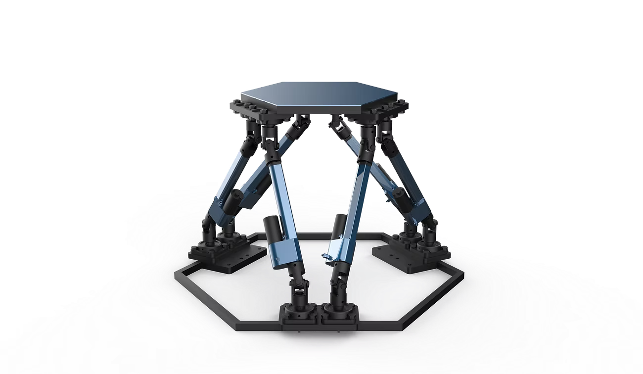 PMP150/PMP200 Precision Motion Platform - 6-DOF Hexapod showing the advanced mechanical structure with six actuator legs and hexagonal platform base