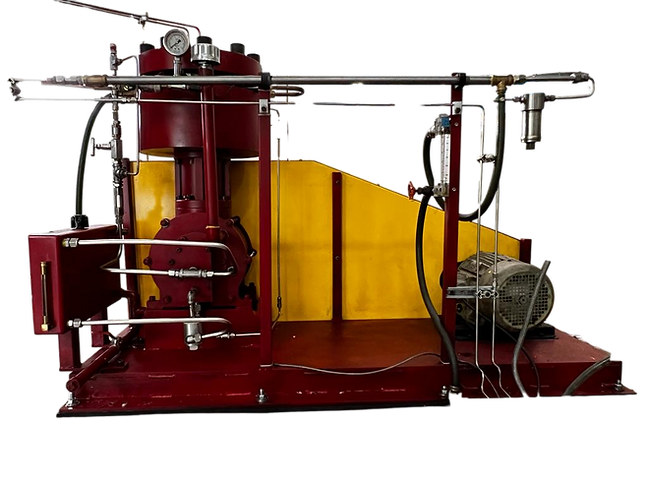 Triple Metal Diaphragm Compressor - High-purity gas compression system with red compressor body, yellow tank section, pressure gauges, and triple metal diaphragm chambers for carbon monoxide and specialty gas applications